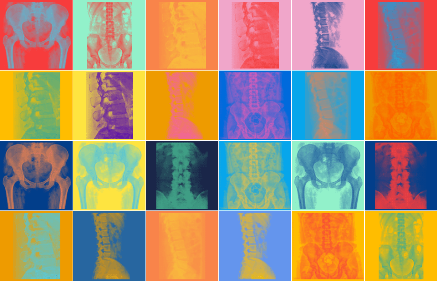 Colourful X ray images of backs and pelvis