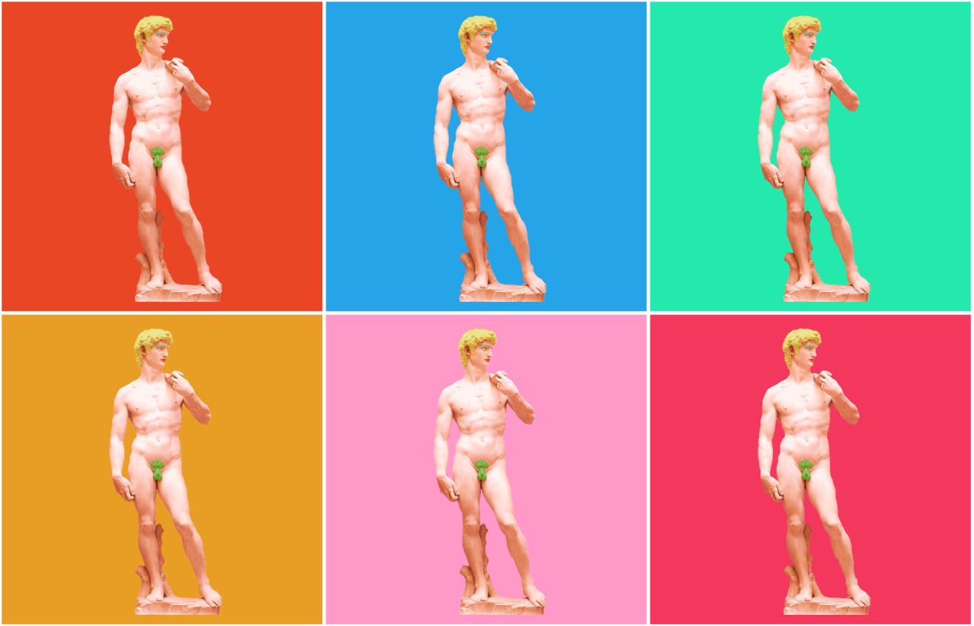 Six David images with colourful backgrounds