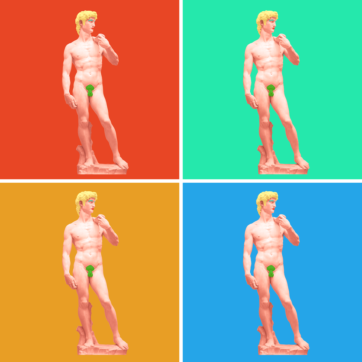 Four David images with Red, Green, Orange and Blue Backgrounds