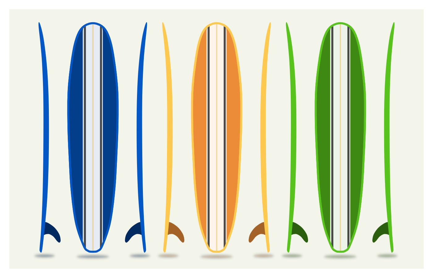 Long Boards: Blue, Orange, Green