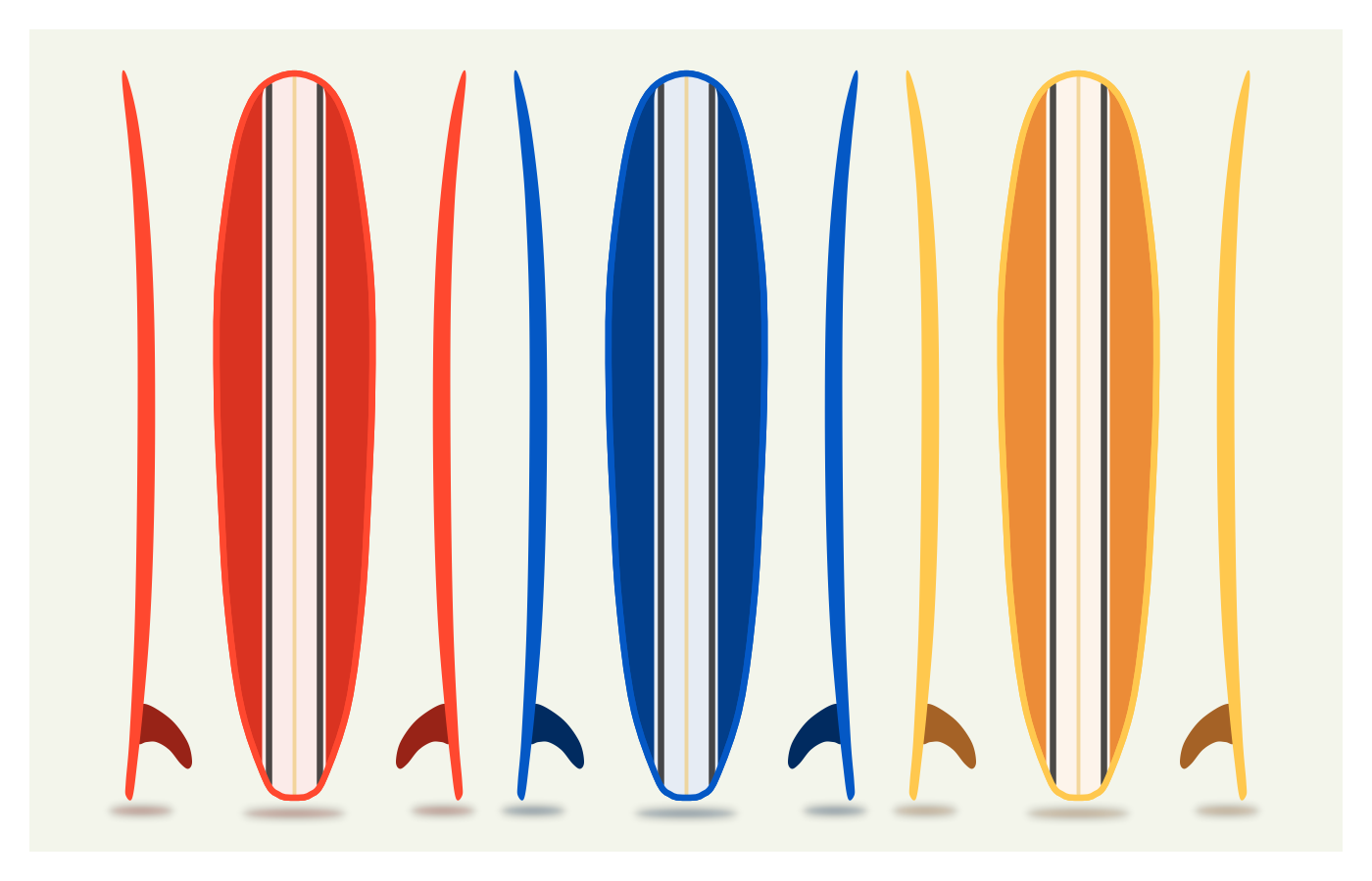 Long Boards: Red, Blue, Orange